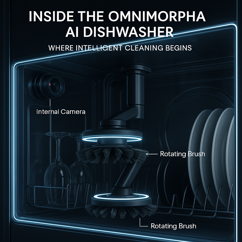 Omnimorpha AI Dishwasher with internal camera and adaptive brush system